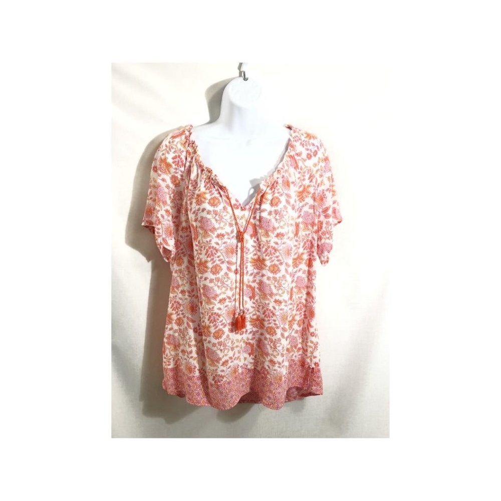 J. Jill Boho Peasant Tunic Top Size L  Large Pink Orange Floral Print